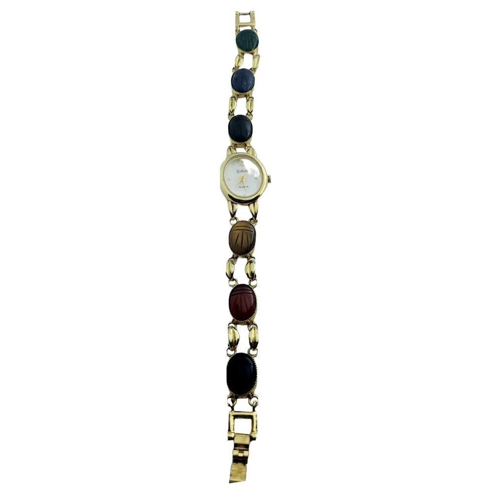 Vintage Egyptian Revival Wrist Watch Carved Gemstone Scarabs By Sutton WORKS